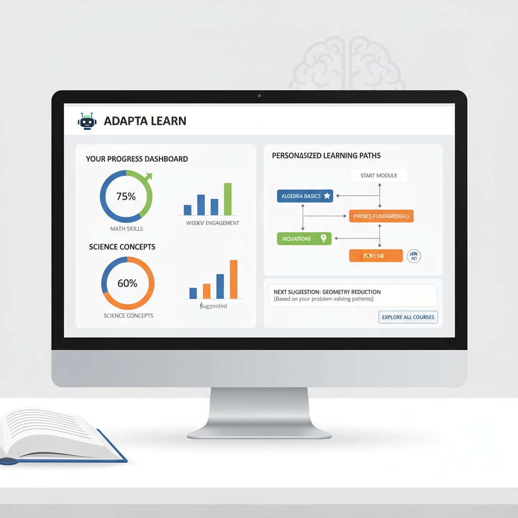 A screen showing the interface of an AI-powered adaptive learning platform with graphs and personalized learning paths. An AI-powered adaptive learning platform interface relevant to artificial intelligence, education, and learning tools