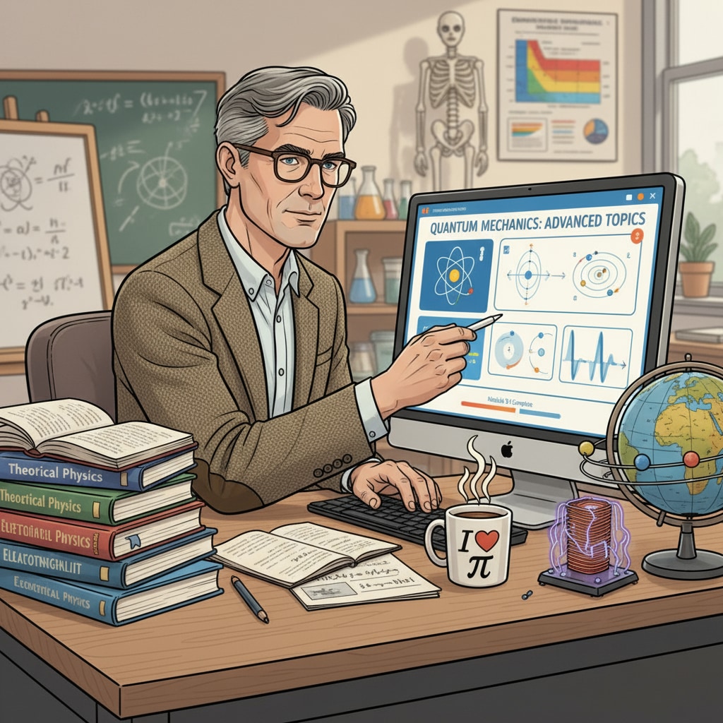 A physics teacher is attentively studying through a virtual course on a computer screen, with various physics-related materials beside. A physics teacher engaged in virtual postgraduate course study