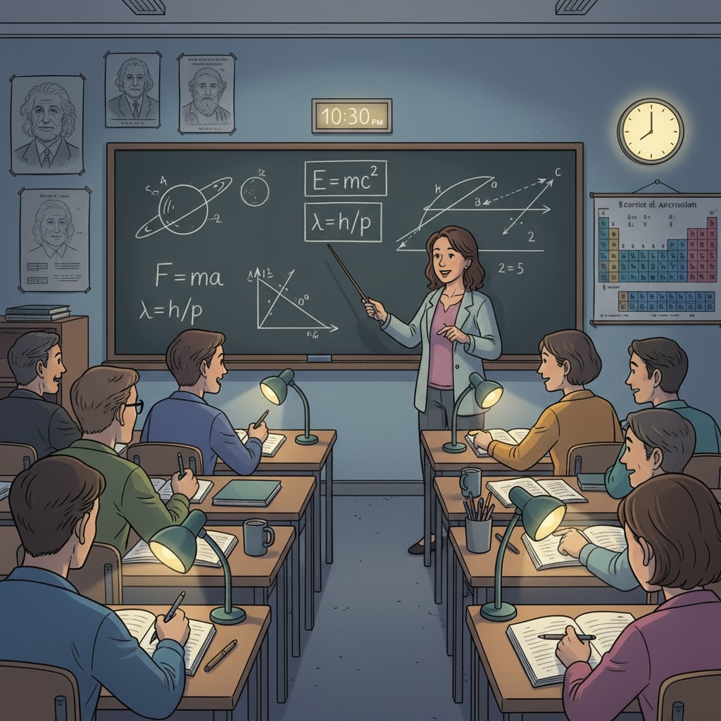 A night school classroom is filled with physics students. They are listening intently to the teacher, and there are physics teaching aids on the blackboard. Physics students in a night school classroom for postgraduate studies