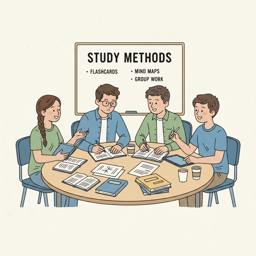 A group of high school students are sitting around a table in a classroom, engaged in a lively discussion about their study methods. Some are holding notebooks and pens, jotting down ideas. High school students discussing learning methods and academic skills in a classroom