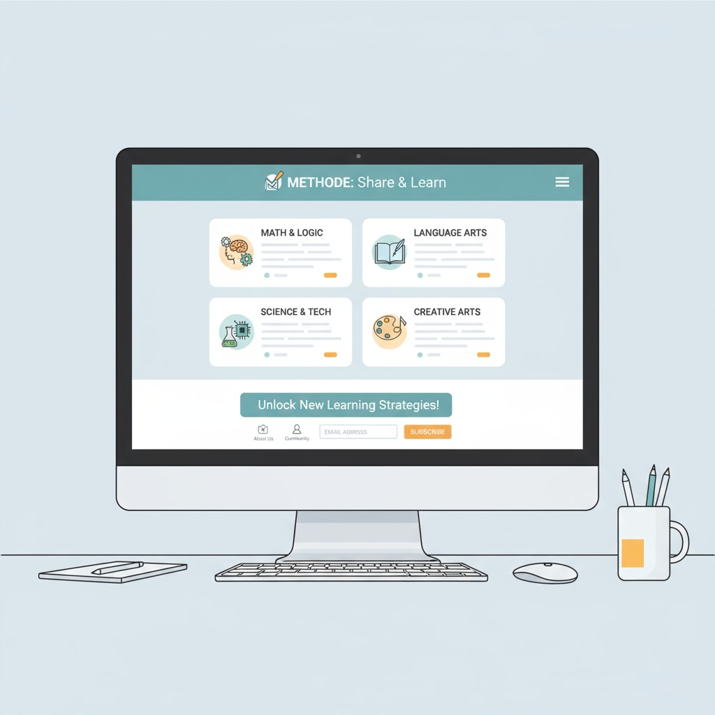 A computer screen displays the main page of a learning method sharing platform. There are sections for different subjects, and a newsletter subscription option is visible. Interface of the high school students' learning method sharing platform showing academic skills resources