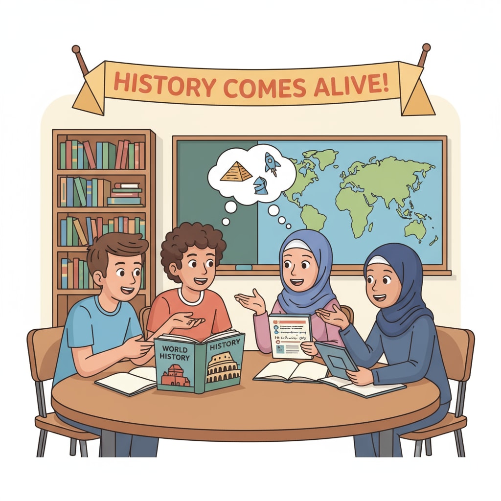 A group of high school students are gathered around a table, engaged in a lively discussion about historical events. High school students discussing history topics related to teacher career, history education, and university application