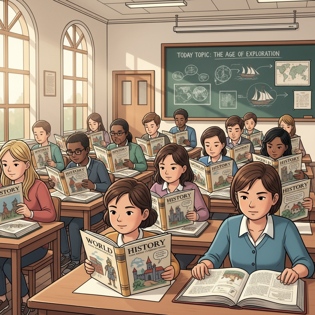 A university classroom is filled with students sitting at desks, intently studying history textbooks. University students studying history textbooks for teacher career, history education, and university application
