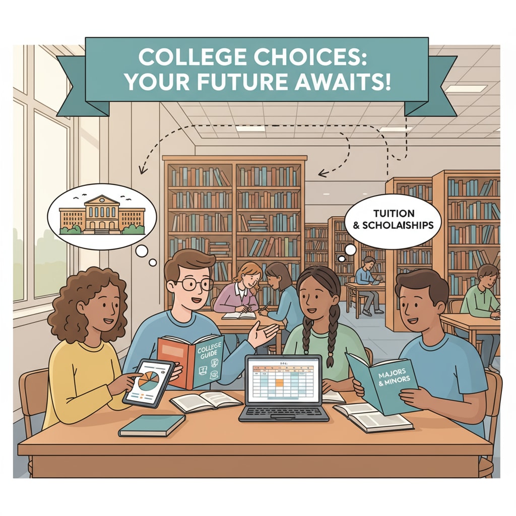A group of high school students are engaged in a discussion about college options in a library setting, with bookshelves and study tables in the background. High school students discussing college preparation, academic planning, and career choices in a library