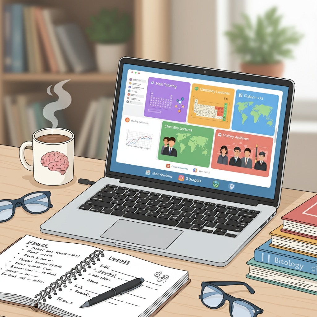 A student is sitting at a desk, using a laptop to access various online learning resources, with an open notebook and pen beside the laptop. A student accessing online resources for college preparation, academic planning, and career development