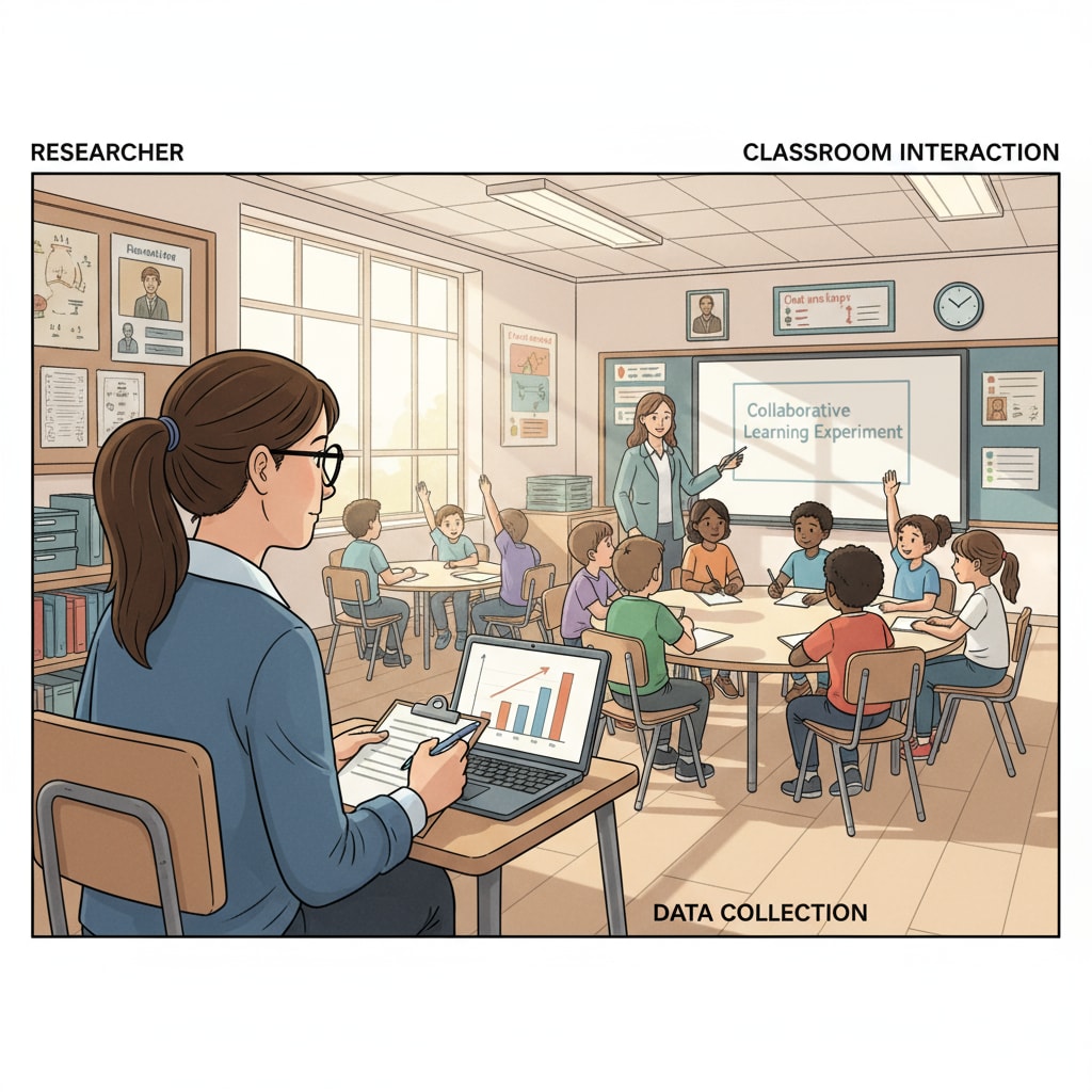 A researcher is carefully observing a classroom, taking notes to gather data for educational research. Researcher observing a classroom for educational research related to research, evaluation, social inequality, and education