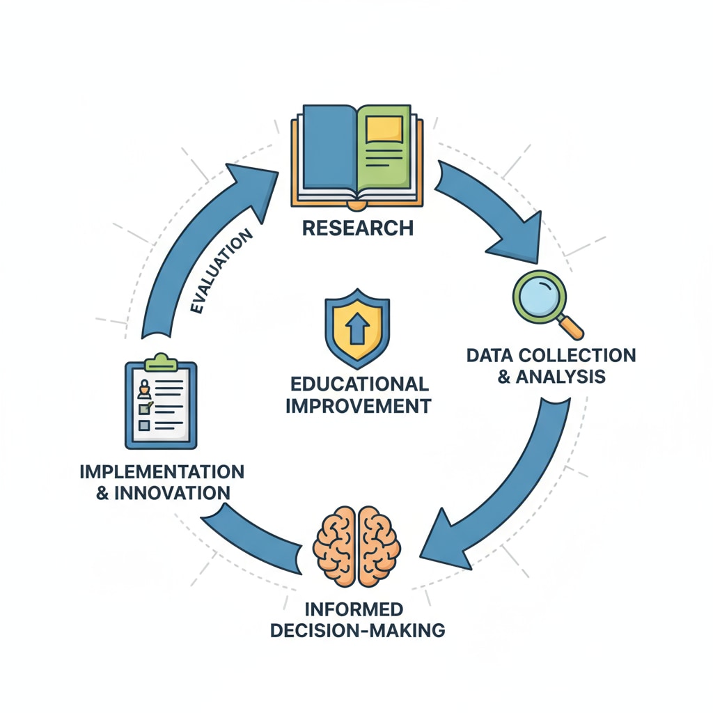 A graph depicts the cyclic relationship between research and evaluation, showing how they interact and contribute to educational improvement. Graph showing the cycle of research and evaluation related to research, evaluation, social inequality, and education