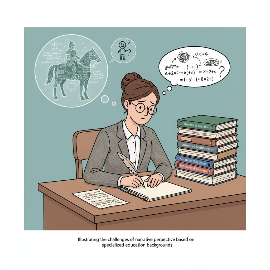 A person sitting at a desk, struggling to write a story. This depicts the challenges faced when trying to write from the perspective of a character, especially one with a particular educational background. The difficulty of capturing the writing style of a character with a certain educational background in novel writing.
