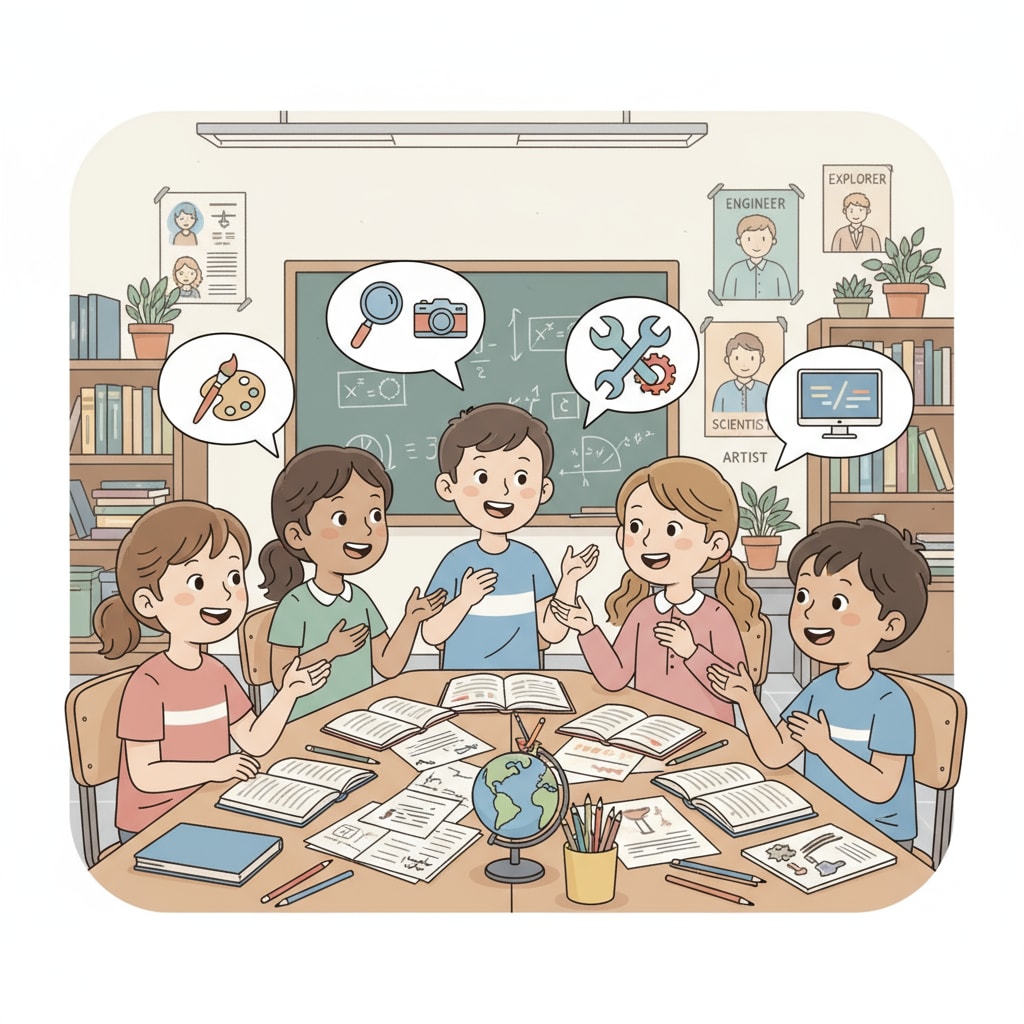 A group of K12 students are engaged in a lively discussion about their future career aspirations in a classroom setting, with books and papers scattered on their desks. K12 students discussing career options amidst employment dilemmas