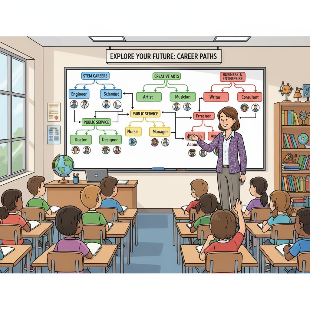 A teacher is standing in front of a whiteboard filled with colorful charts depicting various career paths, presenting the information to a group of attentive K12 students. Teacher presenting career paths to K12 students to address employment dilemmas