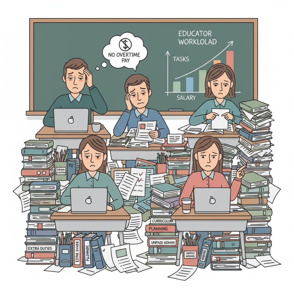A group of educators looking stressed while sitting at desks with piles of work, symbolizing the burden of extra tasks without proper compensation. Educators in higher education facing the burden of uncompensated extra work.