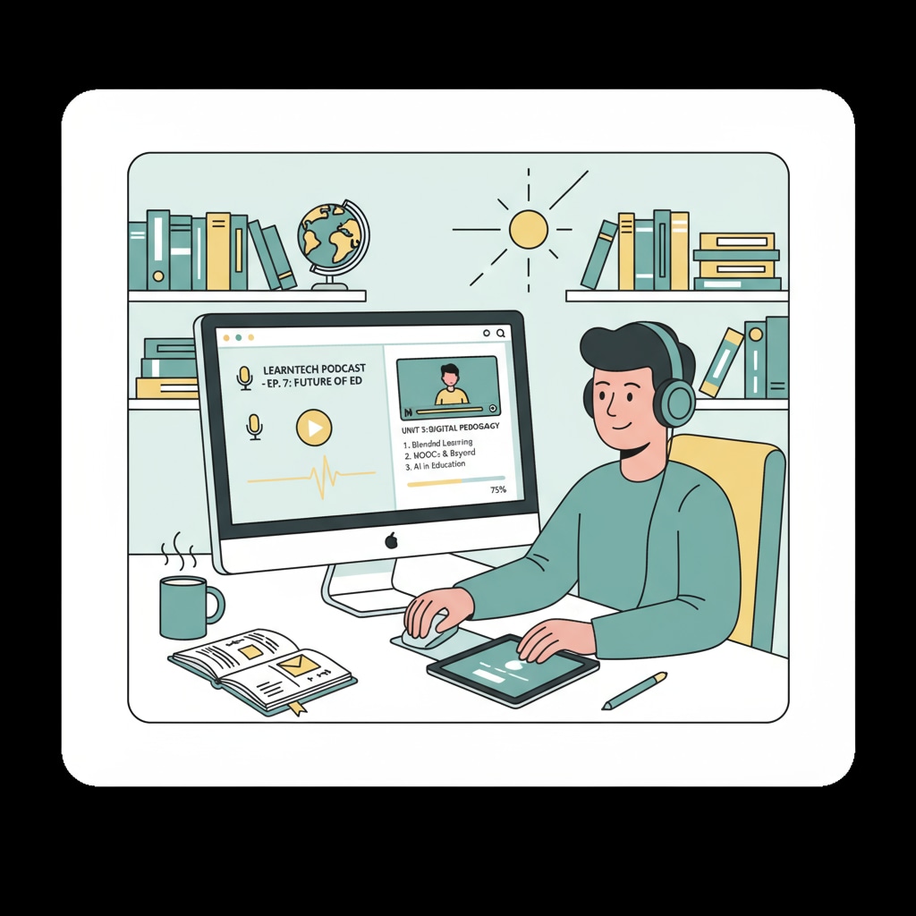 A person is shown sitting at a desk, wearing headphones and looking at a computer screen with a podcast playing and an online educational course open. This represents the combination of using podcasts and online education for learning. An adult using podcasts and online education for learning basic education content