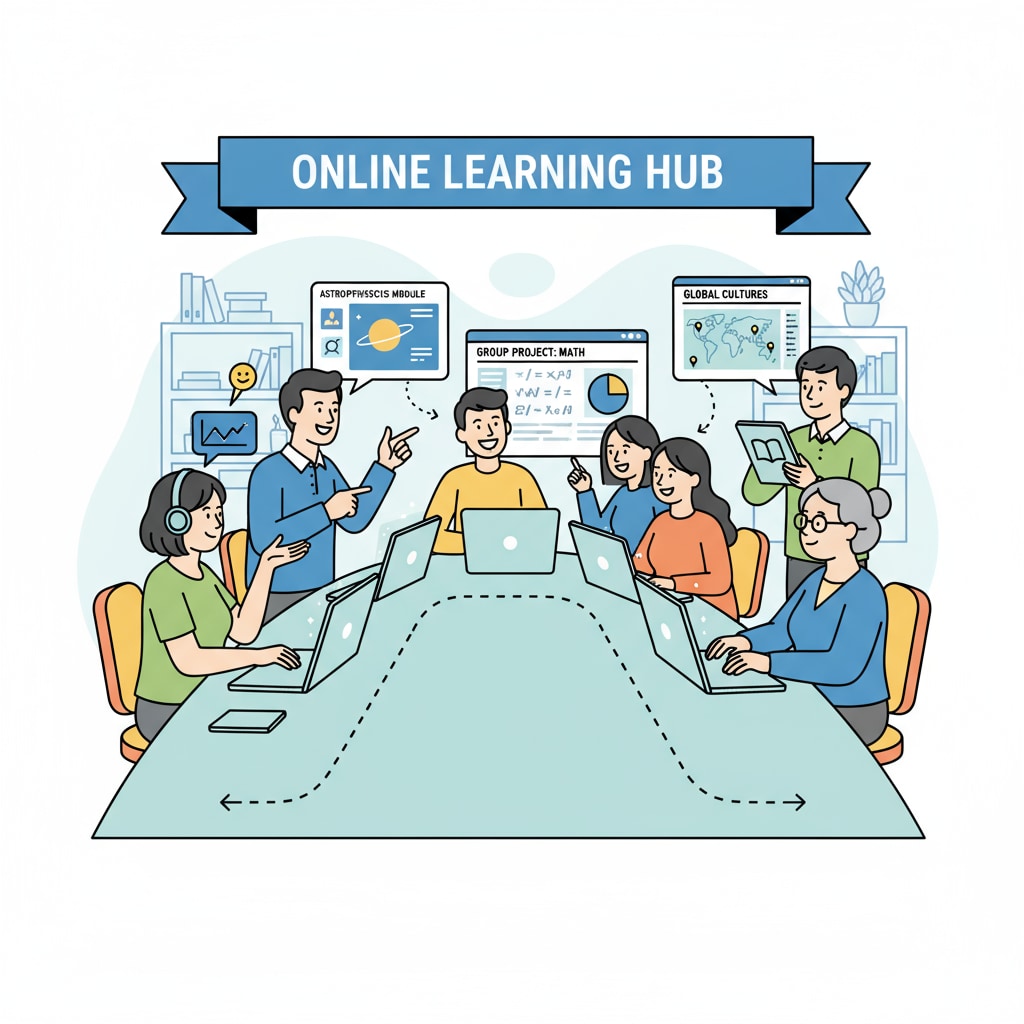 A group of adults are shown on their computers, participating in an online learning session. The screen shows various educational materials and interaction among the learners. Adults engaged in an online education session for basic education