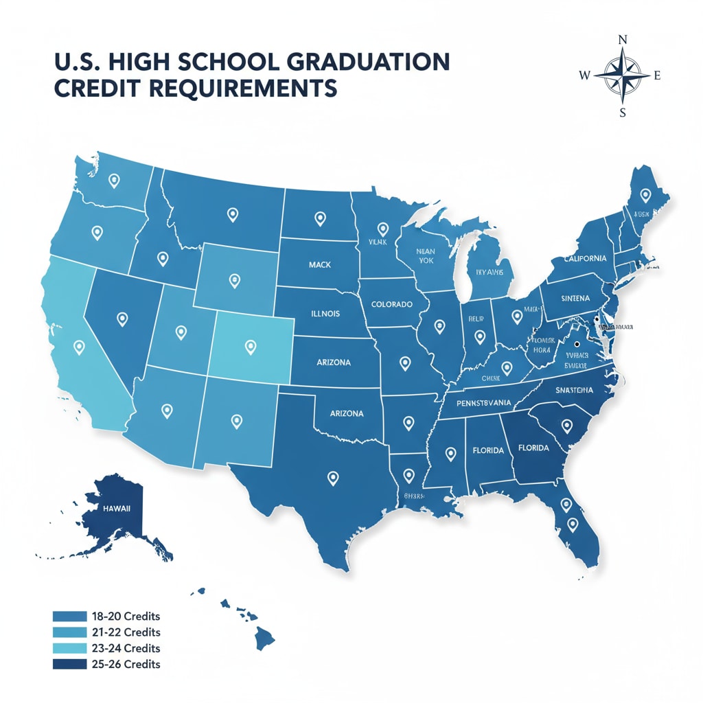 A map of the United States where different states are colored differently to represent the varying graduation credit requirements. Some states are shaded darker to indicate higher credit requirements, while lighter shades represent states with lower requirements. Map showing state differences in high school graduation credit requirements for online high school programs