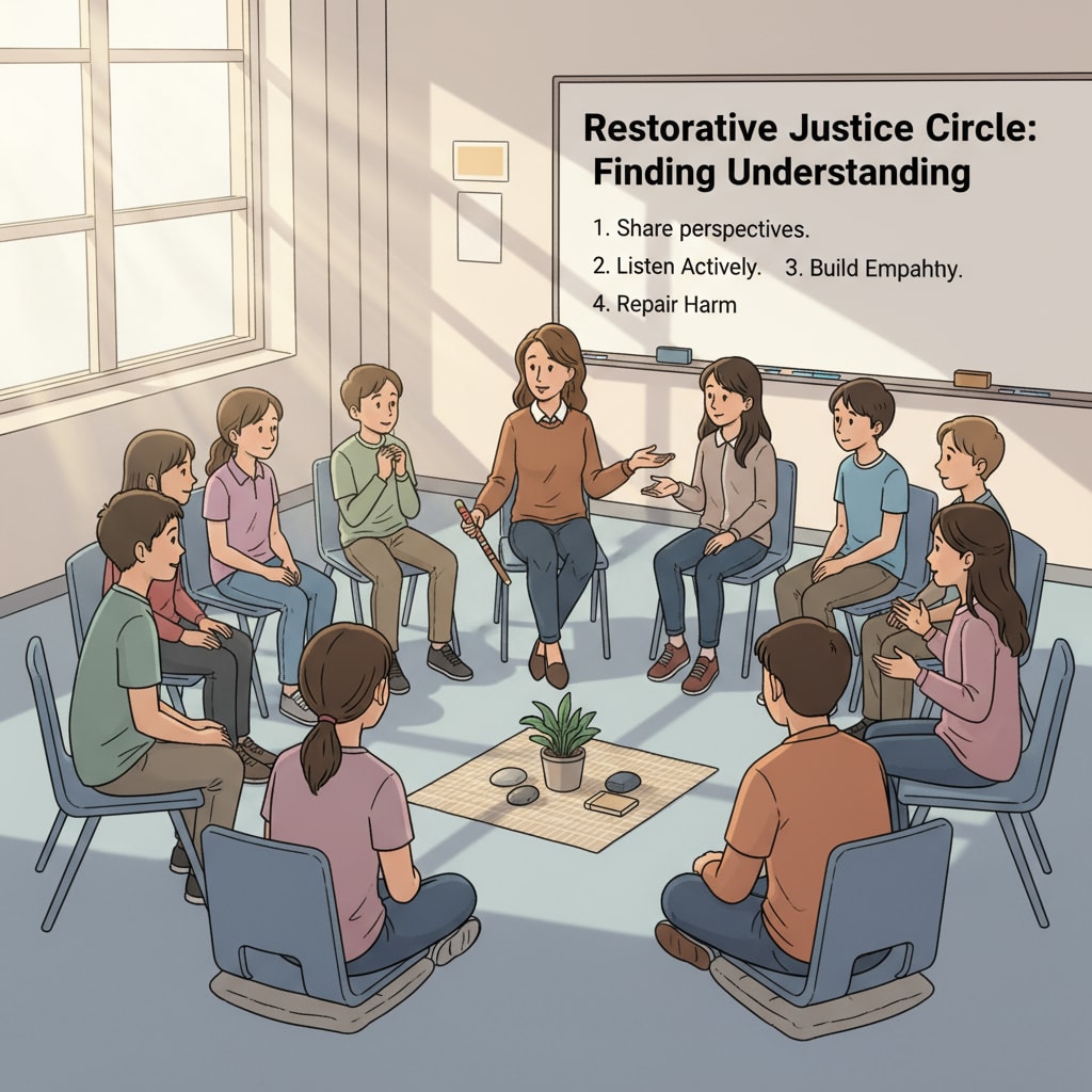 A classroom scene where students and a teacher are sitting in a circle, having an open discussion about a recent conflict, which is a common practice in restorative justice implementation. Restorative justice implementation in a classroom with students and teacher in a discussion circle