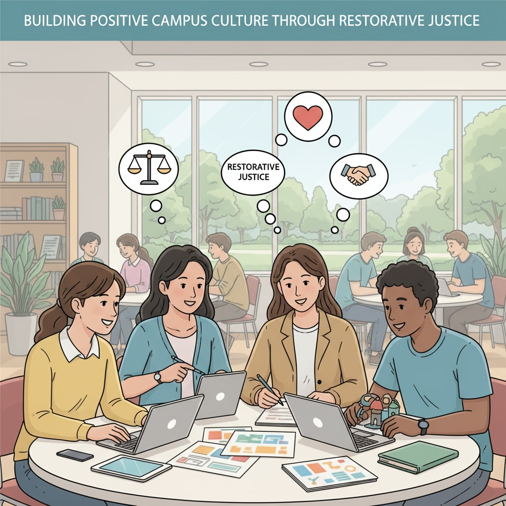 A group of students collaborating on a project, which is an outcome of the positive campus culture fostered by restorative justice practices. Students collaborating on a project due to restorative justice promoting a positive campus culture