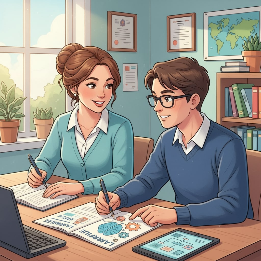 A teacher is having a one - on - one conversation with a student, taking notes to understand the student's learning needs for course design. A teacher conducting an interview with a student to understand their learning needs for innovative courses and student engagement