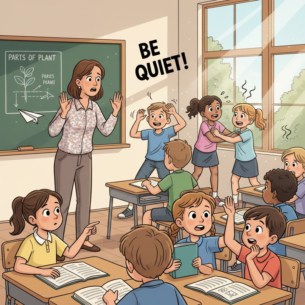 A classroom scene where a teacher is trying to manage unruly students while some eager students look on Classroom management issue affecting eager learners in the education system