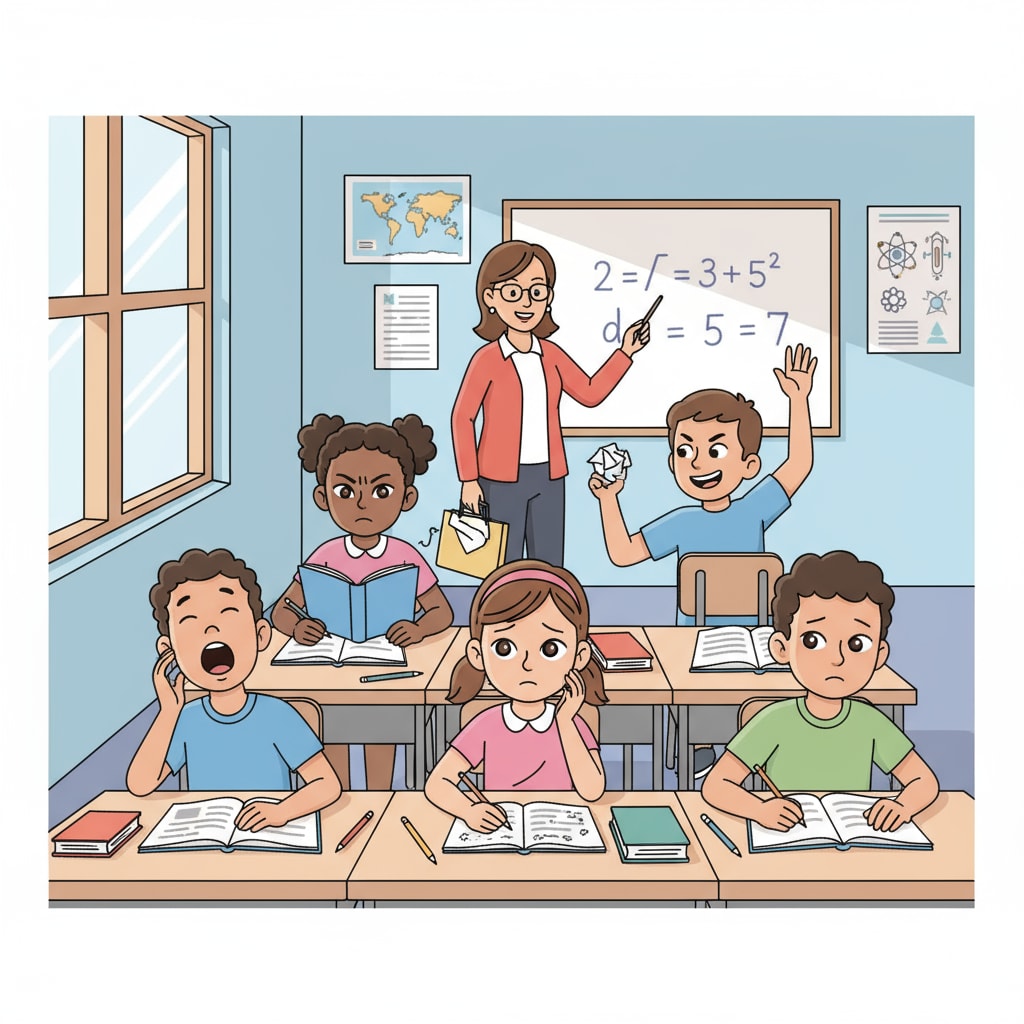 A group of students in a classroom, some looking bored due to disruptions while a few are still trying to focus Impact of classroom disruptions on student engagement in the education system