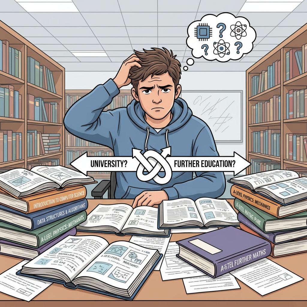 A student sitting at a desk, looking confused with books about computer science and A-level courses scattered around. This depicts the state of confusion students face when making education choices. A confused student surrounded by computer science and A-level course materials