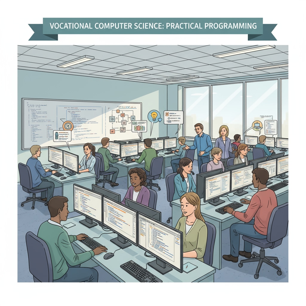 A group of students in a computer lab, actively working on programming tasks as part of a vocational course. It shows the practical aspect of vocational education in computer science. Students engaged in practical computer science tasks in a vocational course