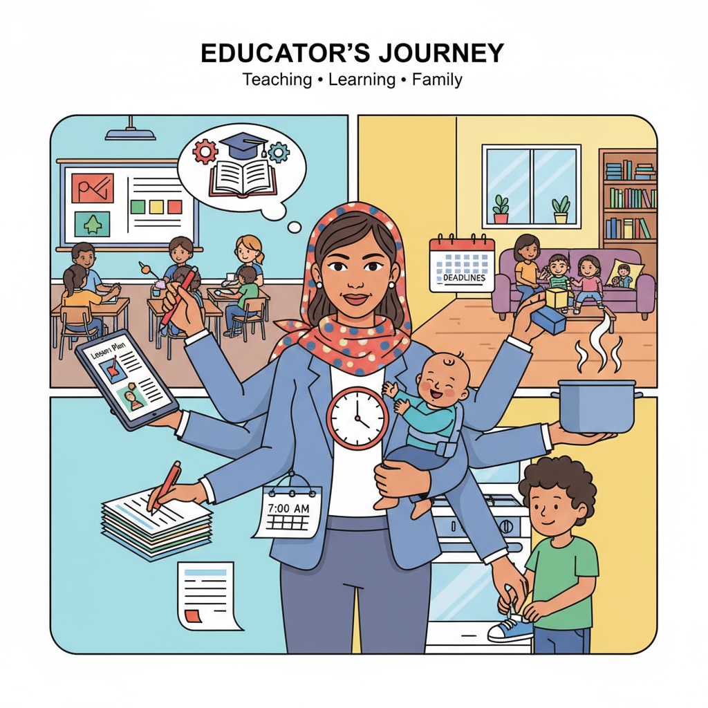 A K12 educator is shown with a busy schedule, having to manage teaching, studying, and family tasks simultaneously. A K12 educator juggling time management, work-study balance, and marital relationships