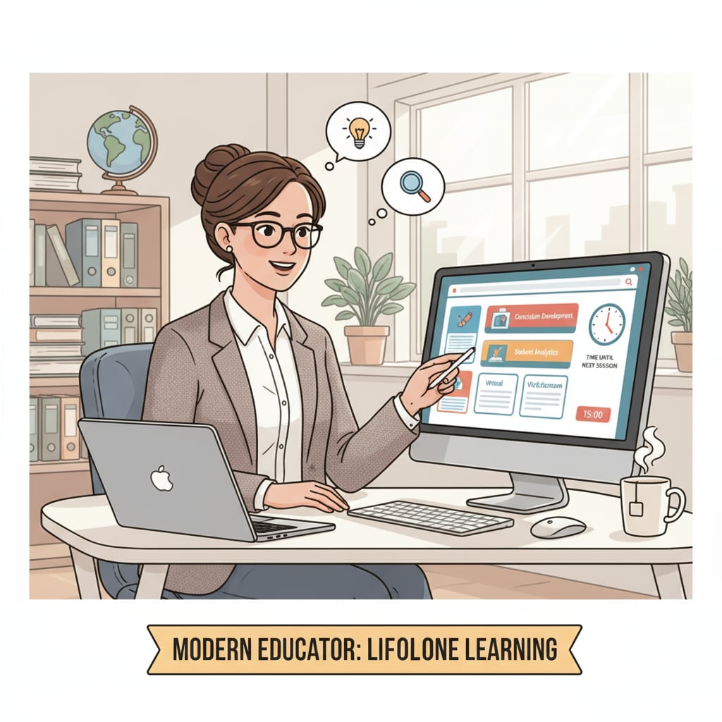 An educator is sitting in front of a computer, using an online learning platform during a break between teaching sessions. A K12 educator achieving work-study balance through online learning
