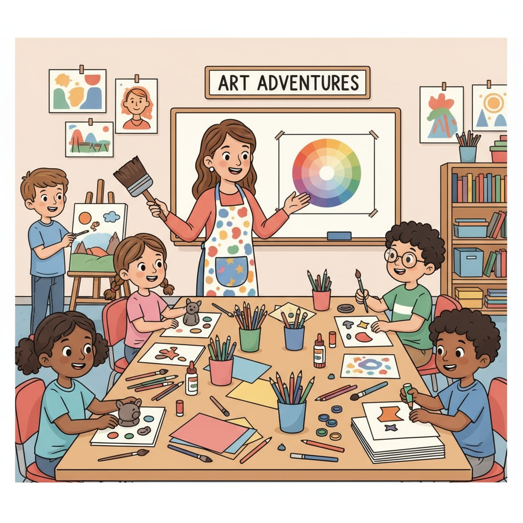 An elementary art teacher is conducting an art class, with students actively participating and creating artworks. An elementary art teacher engaging in an art class relevant to teacher career transitions, art teachers, and ABA therapy