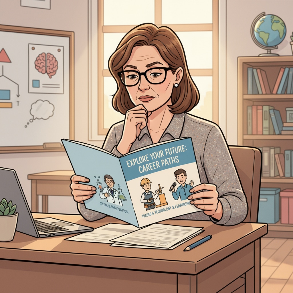 A teacher is sitting at a desk, looking at a brochure about different career options with a thoughtful expression. A teacher considering career options related to teacher career transitions, art teachers, and ABA therapy