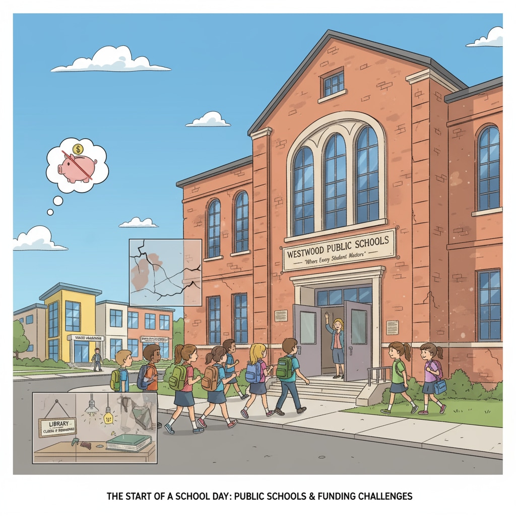 A group of students walking into a public school building, symbolizing the start of a new school day and the context of the funding issue. The building represents the public school where funding is being affected by voucher policies. Students entering a public school, related to school vouchers, public schools, and funding impacts