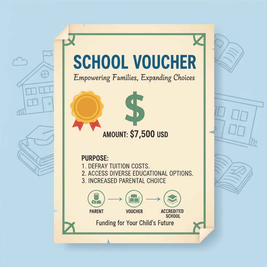 A close-up of a school voucher document, highlighting the value and purpose. This shows what a school voucher looks like and emphasizes its role in the funding discussion. Close-up of a school voucher, relevant to school vouchers, public schools, and funding impacts