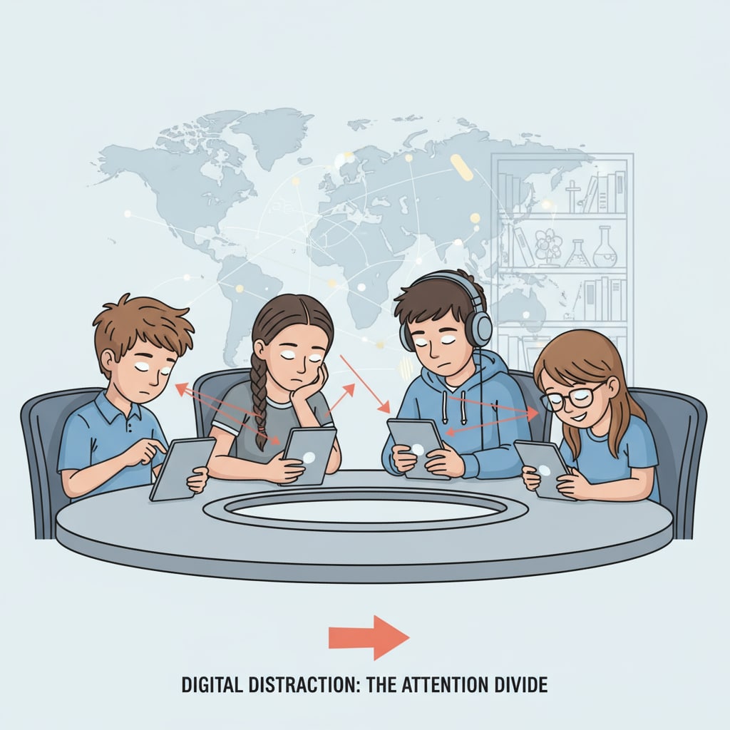 A group of K12 students looking at digital devices with distracted expressions, highlighting how digital technology can draw away their attention. K12 students distracted by digital devices in the attention economy