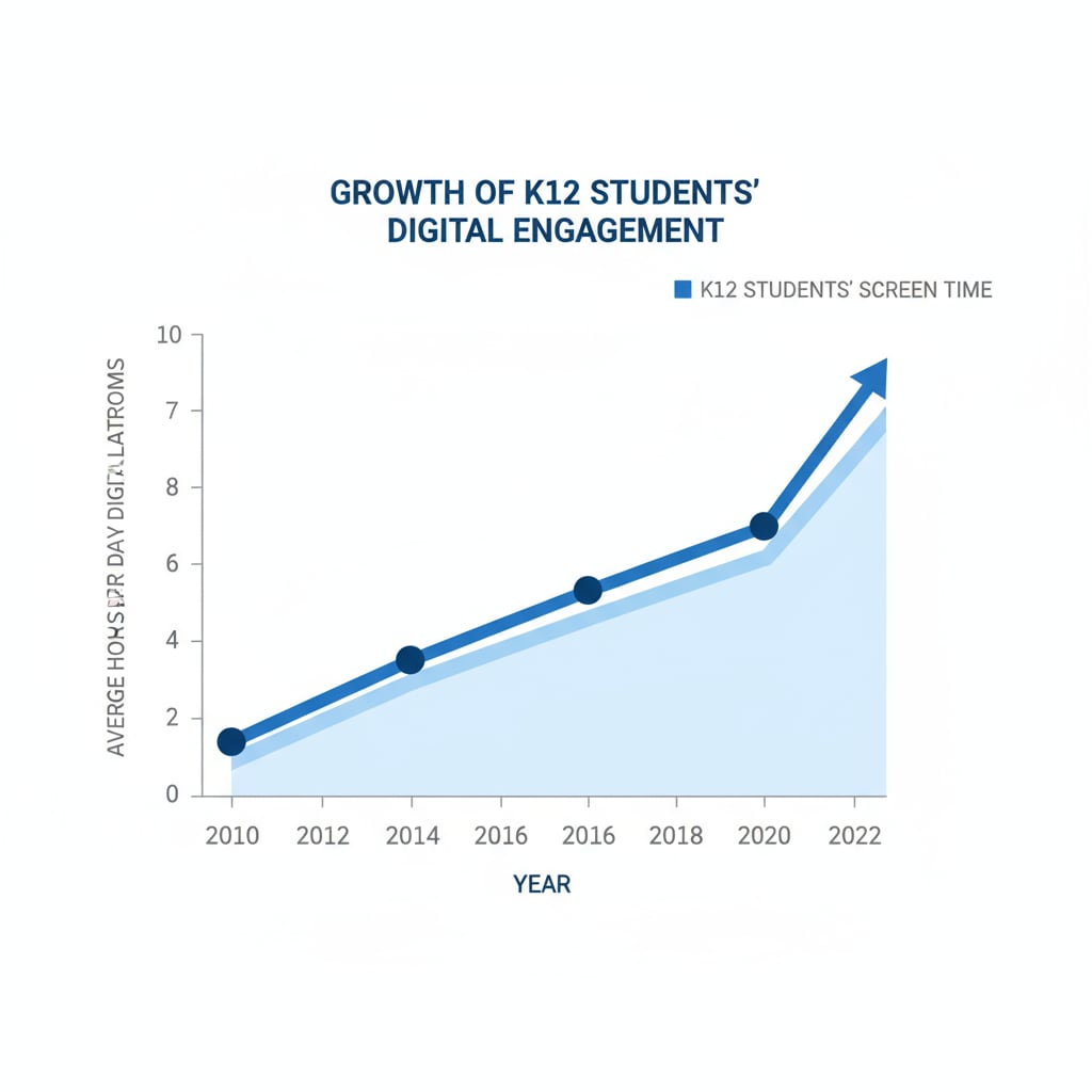 A graph showing the increasing time spent by K12 students on digital platforms, indicating the growth of their digital engagement. Graph of K12 students' digital platform usage time in the context of information desert and technological manipulation