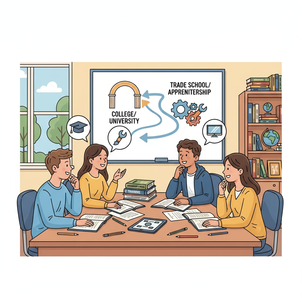 A group of teenagers are engaged in a discussion about different educational options in a classroom setting, with books and papers on the desks. Teenagers discussing educational choices related to dropouts, GED, and educational options
