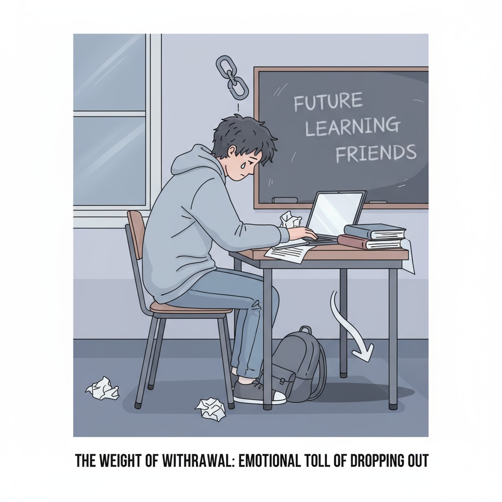 A single, sad-looking teenager is sitting at a desk, looking down, symbolizing the emotional struggle associated with dropping out of school. A sad teenager representing the challenges of dropping out, related to GED and educational choices