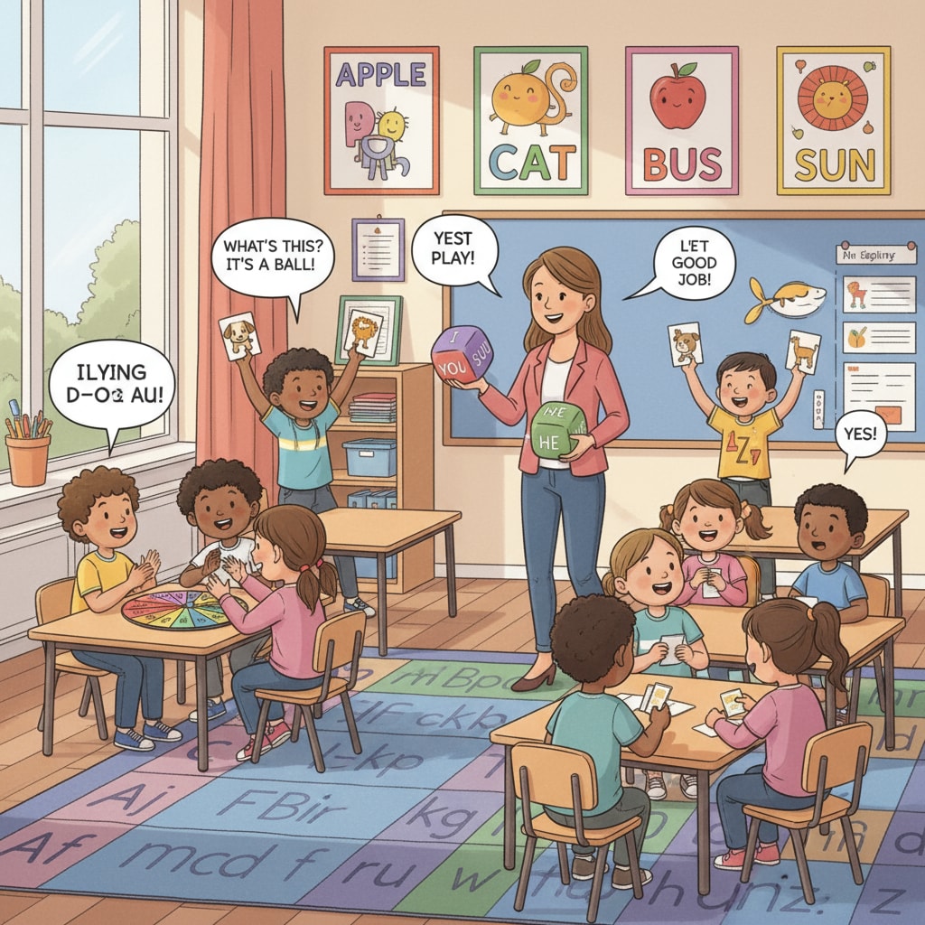 A group of lower primary students actively participating in an English language game in the classroom. The students are excited and engaged, with smiles on their faces as they interact with each other while playing the game to learn English. Second language teaching in lower primary grades through game - based learning