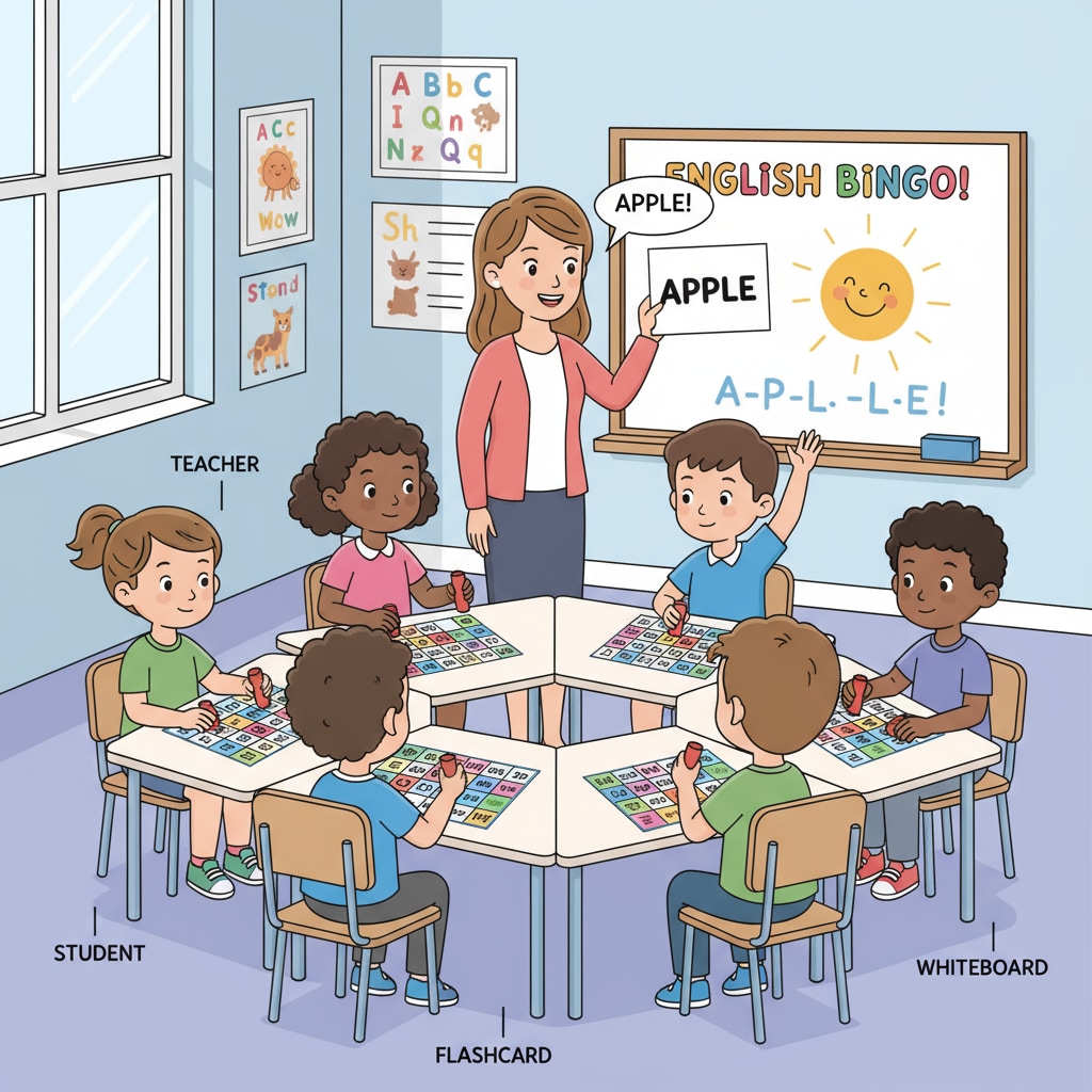 Lower primary students playing vocabulary bingo to learn English words. The students are looking at their bingo cards, listening intently as the teacher calls out English words, and marking them on their cards. Game - based second language teaching method for lower primary students