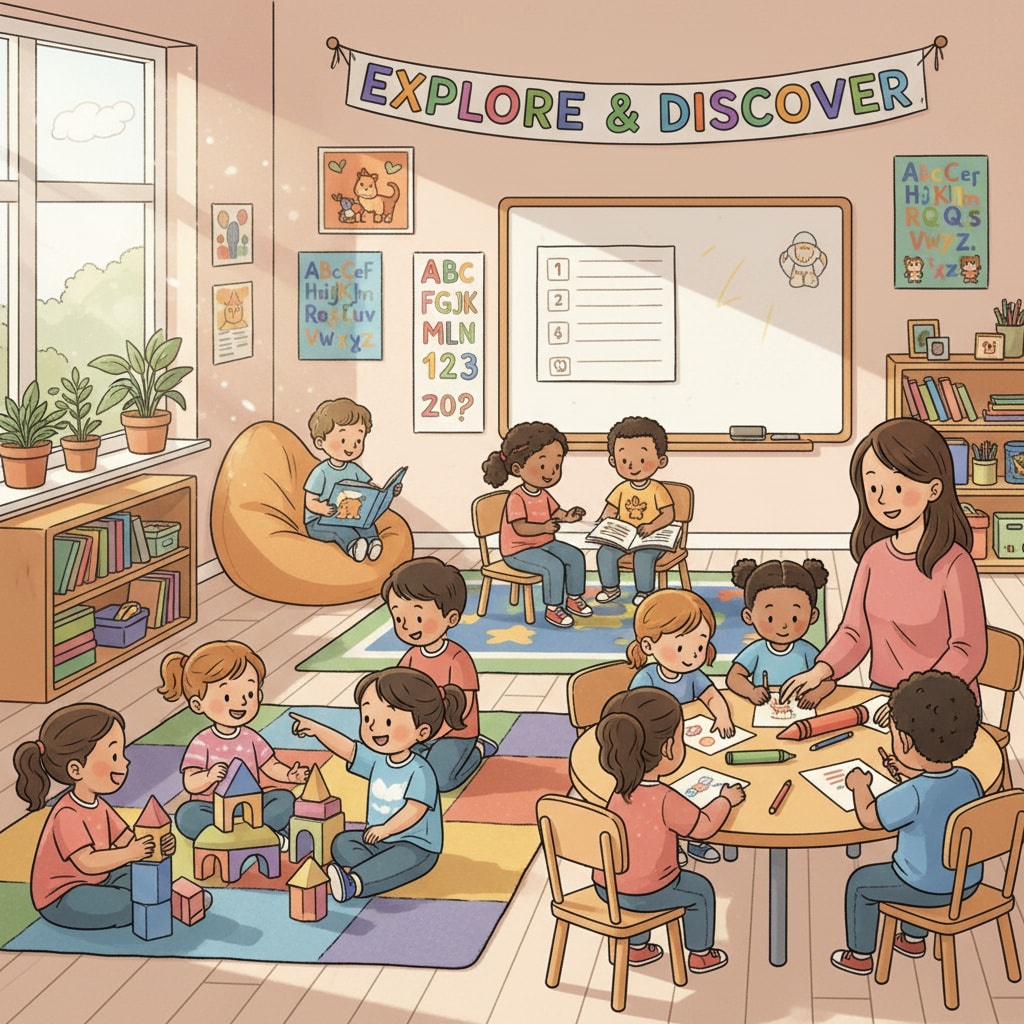 A classroom scene with young children engaged in activities, symbolizing early childhood education. Early childhood education in a New York kindergarten classroom, highlighting the need for educational equality in gifted programs.