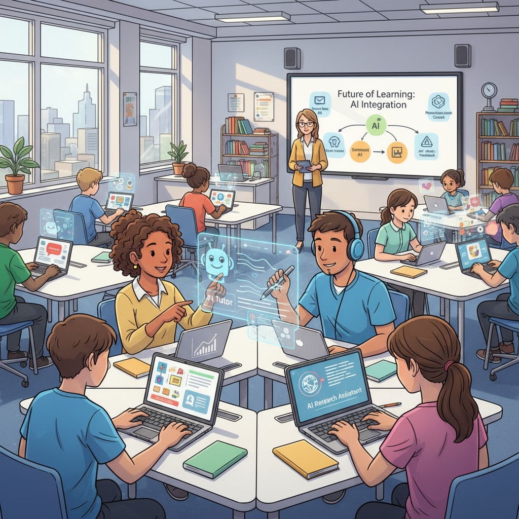 A classroom scene where students are using AI tools on their devices, highlighting the integration of AI in education. Students using AI tools in a classroom related to artificial intelligence, academic integrity, and fairness in K12 education