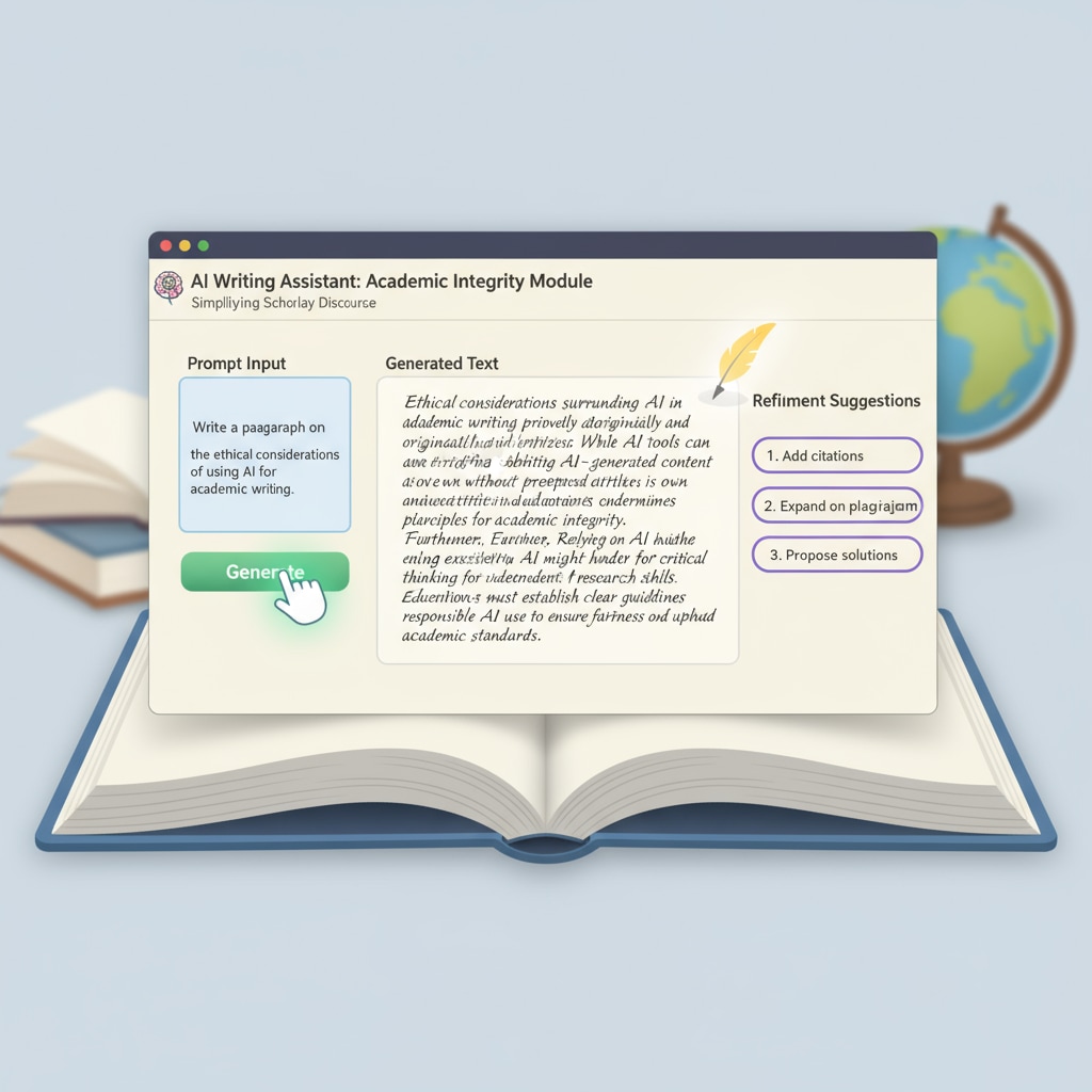 An interface of an AI writing tool, showing how easy it is to generate written content, which is relevant to the discussion of academic integrity. AI writing interface demonstrating the ease of text generation in relation to artificial intelligence, academic integrity, and fairness