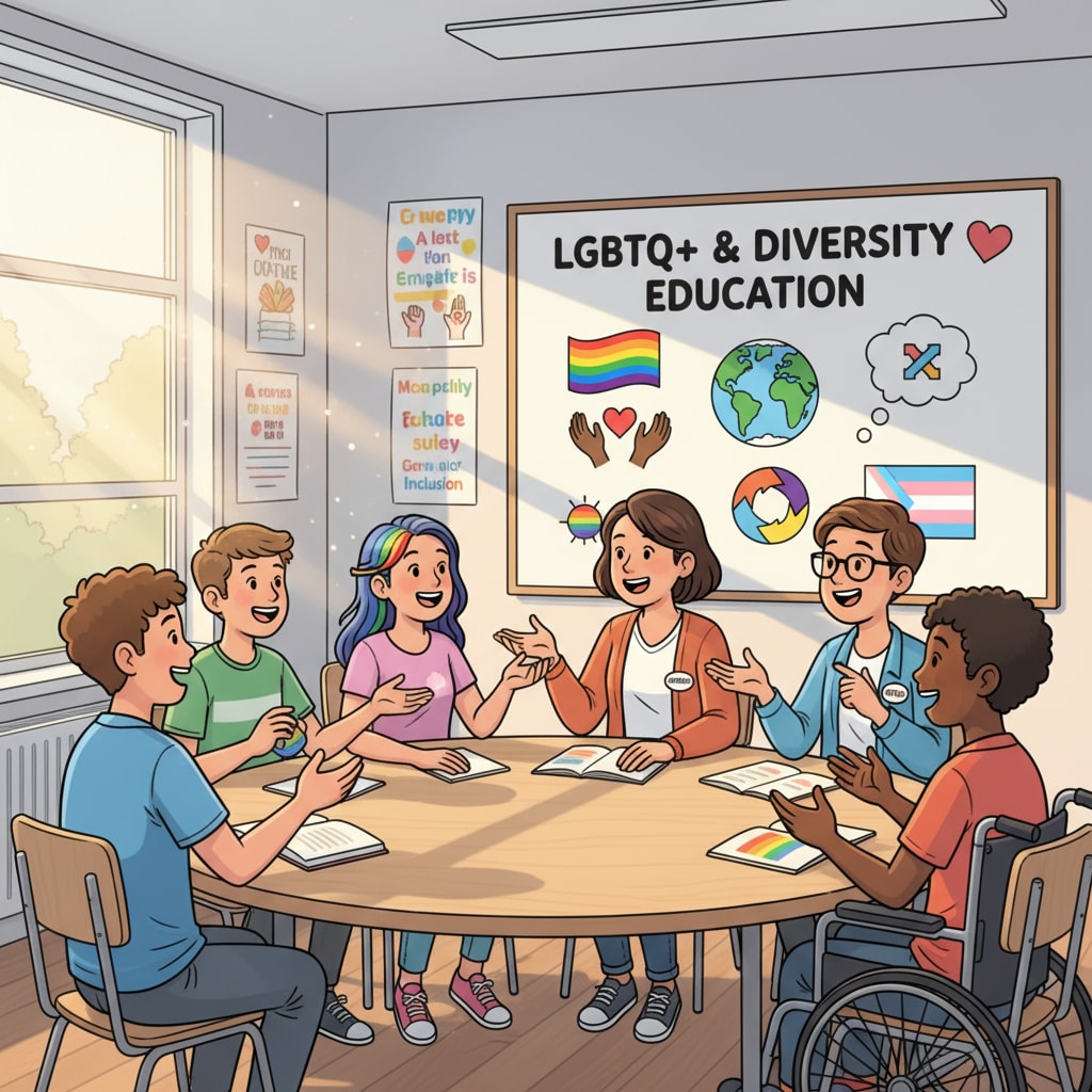 A group of students in a classroom, engaged in a discussion with smiles on their faces, indicating a positive and inclusive learning environment related to LGBTQ+ and diversity education. Students in a classroom learning about LGBTQ+ and diversity in Department of Defense education, protected by the First Amendment.