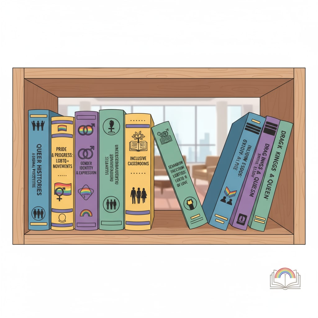 A library shelf filled with books of various titles related to LGBTQ+ history, culture, and diversity education, symbolizing the availability of inclusive learning resources. Library shelf with books on LGBTQ+ and diversity education in Department of Defense schools, thanks to the First Amendment ruling.