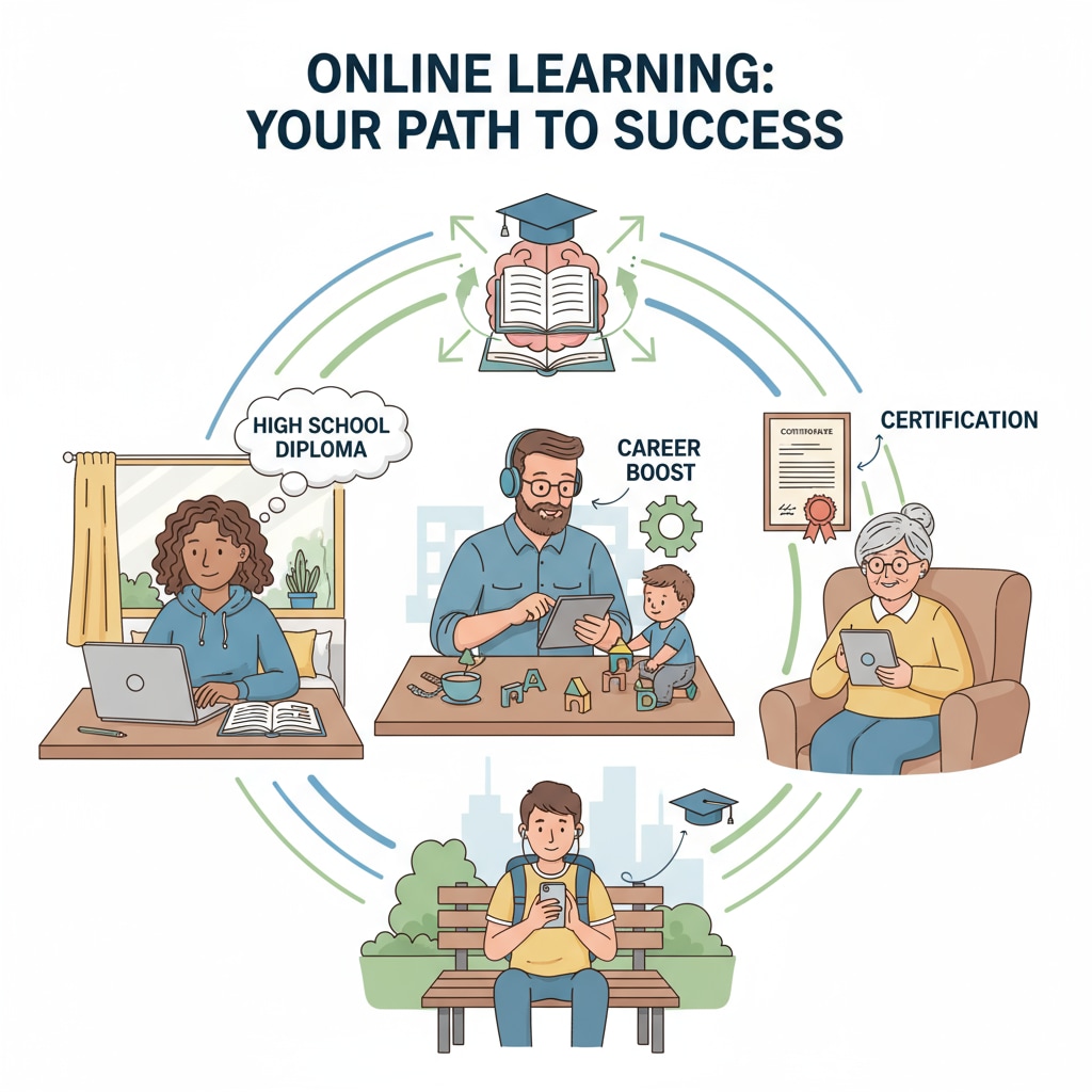 Group of students using online education to achieve high school diploma for career security