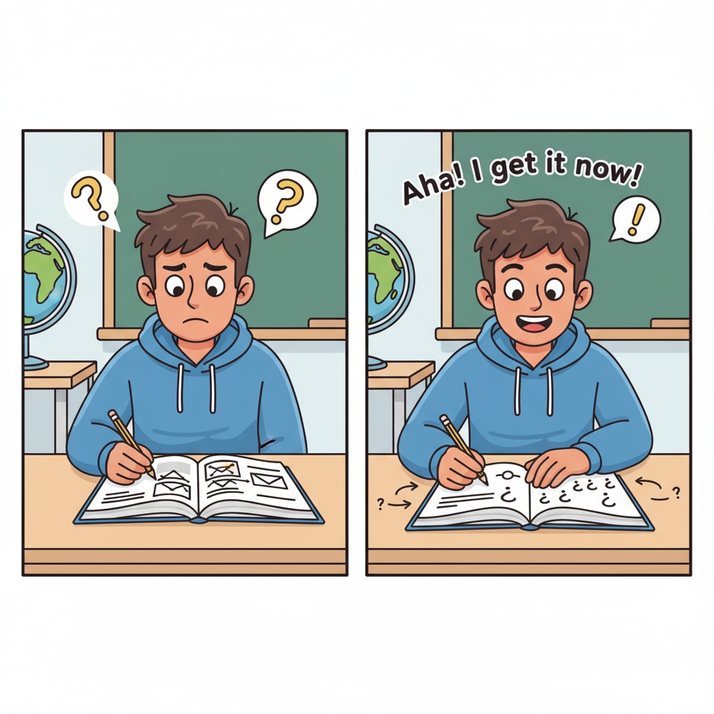A student sitting at a desk, looking at a book with a confused expression, then having a light bulb moment as they start to write down questions A student with attention deficit starting the reverse learning process by asking questions