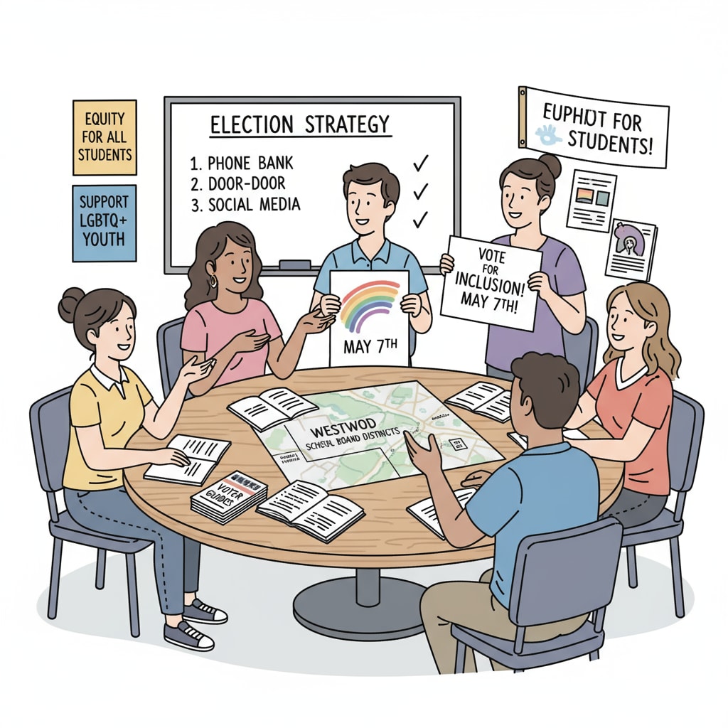 A group of LGBTQ+ activists sitting around a table, discussing strategies for the upcoming school board elections, with notes and posters related to the campaign visible. LGBTQ+ activists discussing school board election strategies