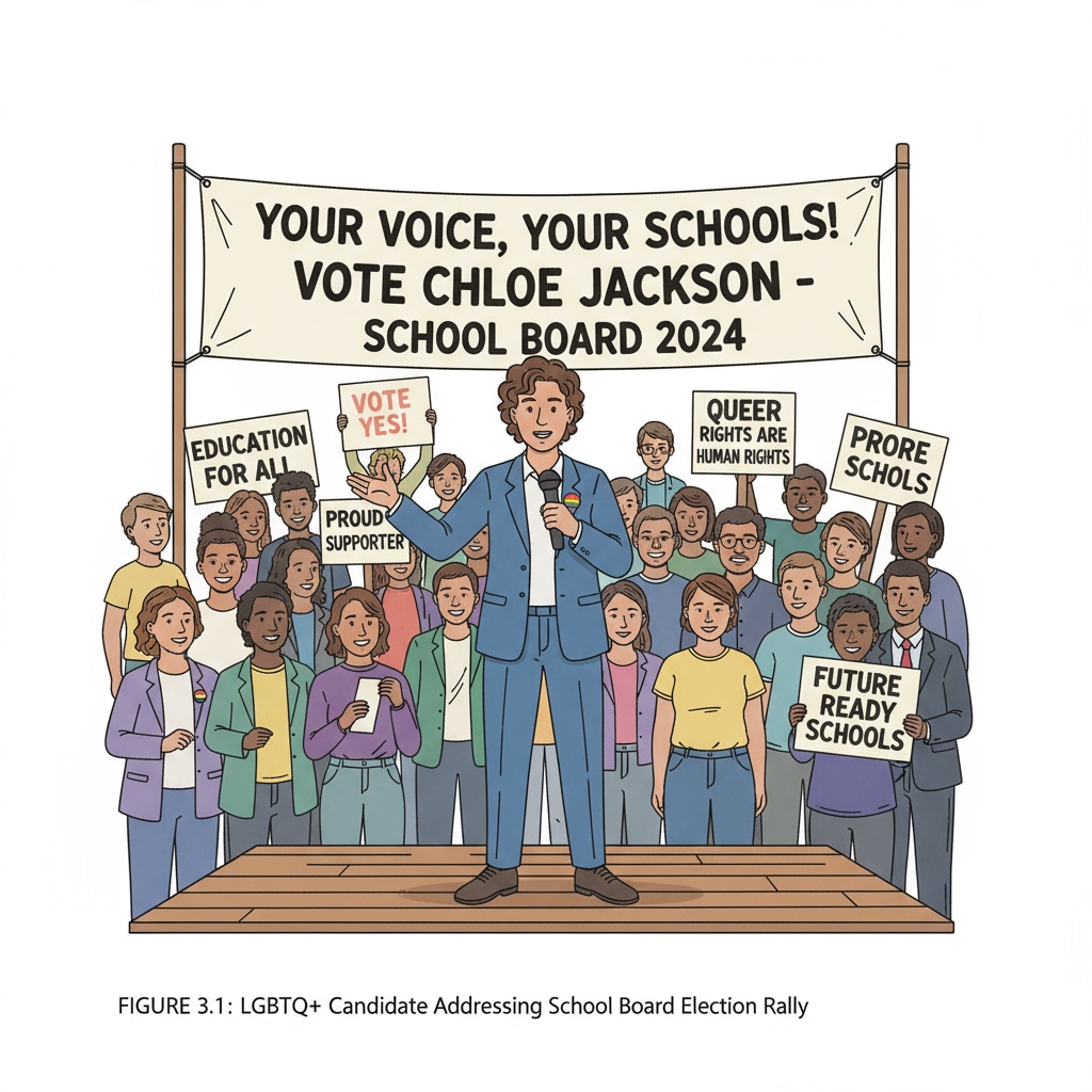 An LGBTQ+ candidate standing on a stage, speaking passionately at a rally for school board elections, with supporters holding signs in the background. LGBTQ+ candidate speaking at a school board election rally