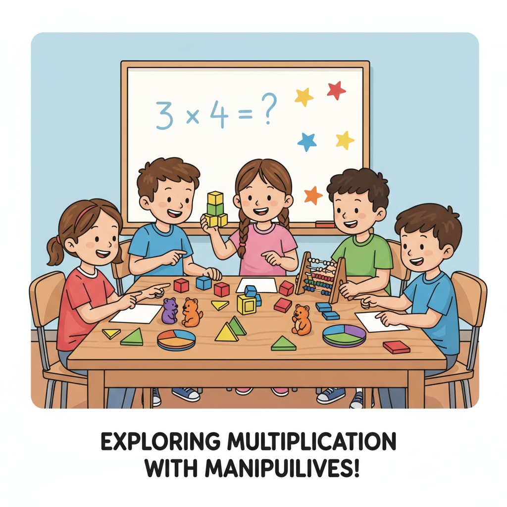 A group of 9-year-old children are gathered around a table, actively participating in a math learning activity with colorful math manipulatives. 9-year-old children engaged in a math learning activity related to children's mathematics, learning programs, and math education