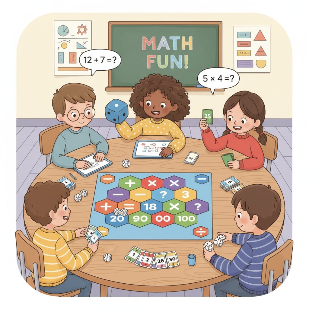 A group of children are sitting around a table, playing a math-based board game with dice and number cards. Children playing a math-based board game as part of children's mathematics, learning programs, and math education