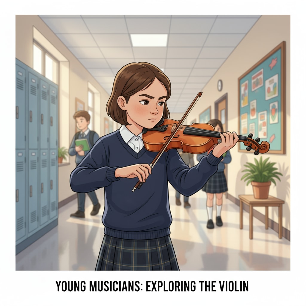 A student is playing the violin in a school corridor, with the soft light highlighting the instrument and the student's focused expression. A student playing the violin in school where the sound might be mistaken for crying.