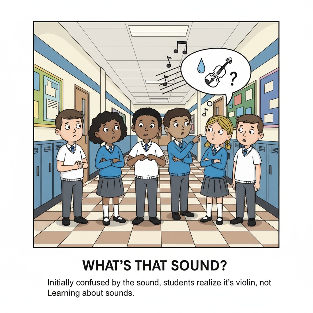 A group of students are standing in a hallway, looking around with confused expressions on their faces after hearing what they initially thought was crying but was actually the violin. Students showing confusion when they mistake the violin sound for crying.